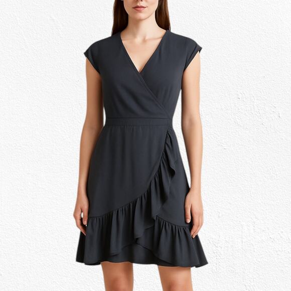 J.Crew Black Crepe Ruffle Hem V Neck Knee Length Flounce Wrap Dress Size 0 - Picture 2 of 9